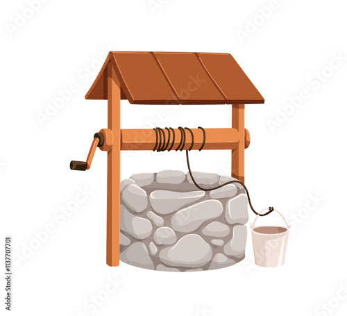 Water well with bucket and rope. Wood roof, stone construction. Traditional a...