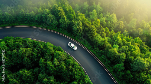 Obraz na płótnie Top view of a white electric car driving dark green forest road w salonie
