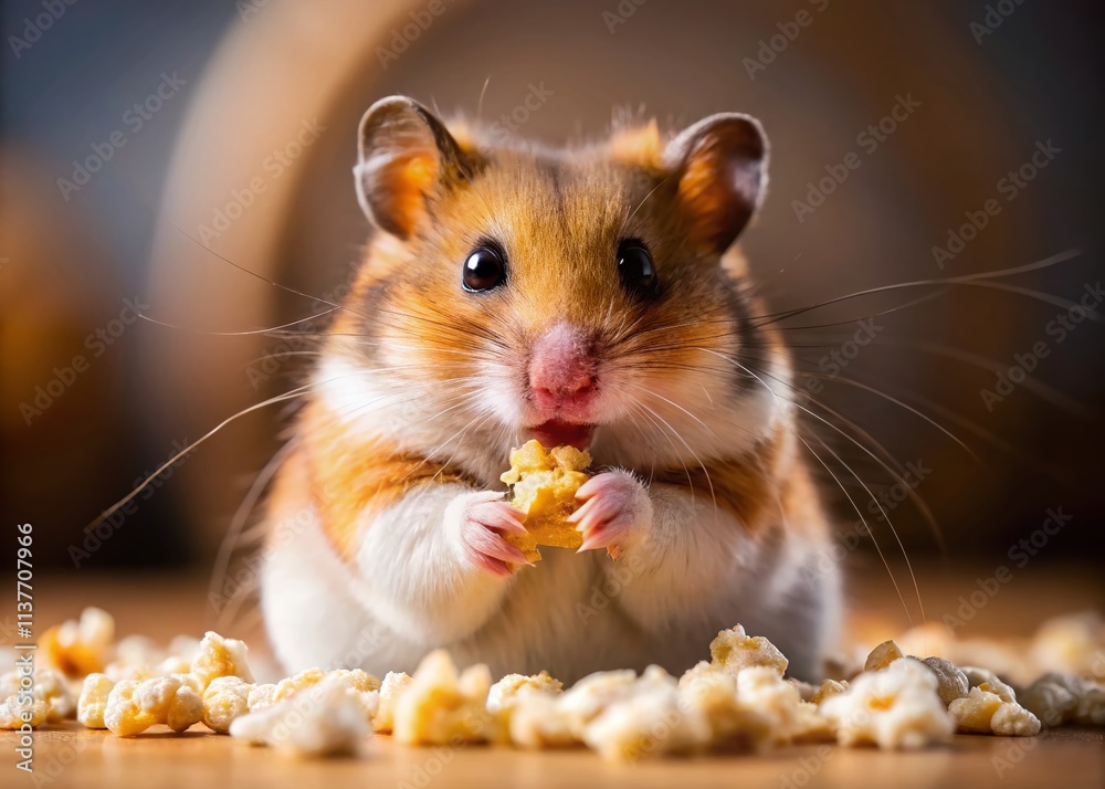 Syrian Hamster Eating Popcorn: High-Resolution Photo of Cute Pet Rodent Enjoying Snack Syrian Hamster Eating Popcorn: High-Resolution Photo of Cute Pet Rodent Enjoying Snack