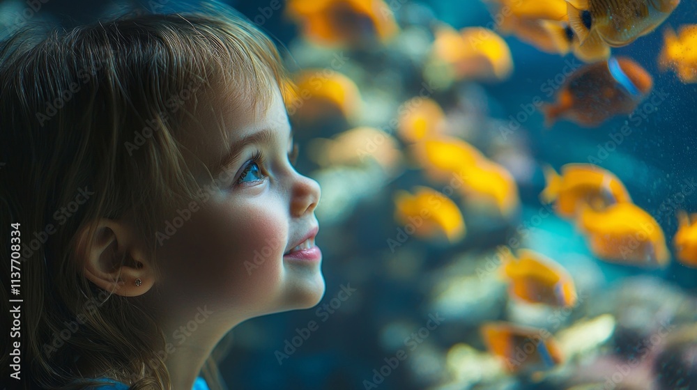 Fototapeta premium A young girl is looking at a fish tank with many fish in it