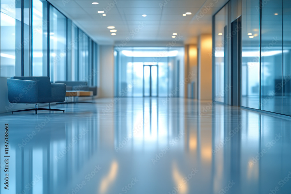 Fototapeta premium Modern Office Interior Design Showcases Hallway with Waiting Area Seating and Glass Walls.