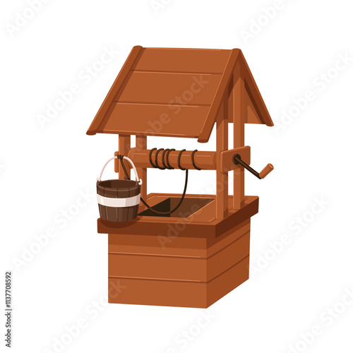 Wooden water well. Old rural structure with bucket, crank, rope, and wood roo...