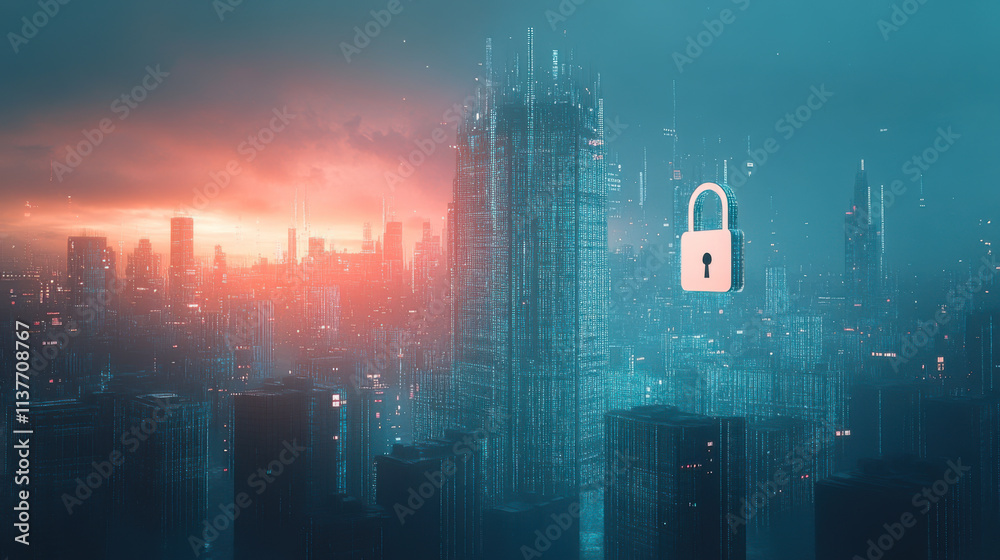 Naklejka premium Glowing Padlock hologram, night panoramic city view