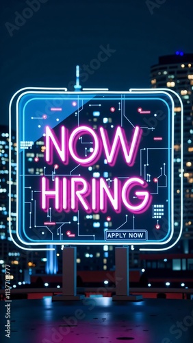 Bright neon 'Now Hiring' sign in a futuristic cityscape