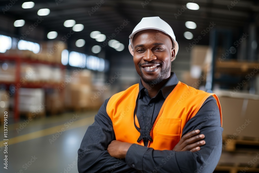 Confident supervisor smiling with crossed arms in warehouse, showcasing leadership and workplace safety Confident supervisor smiling with crossed arms in warehouse, showcasing leadership and workplace safety