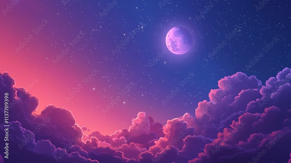 Obraz premium The full moon casts a silver light across the dark, star-studded sky, illuminating the swirling clouds, creating a dreamy, lunar landscape illustration