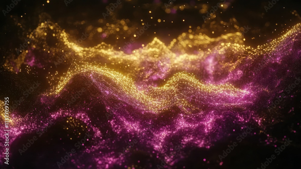 Gold and purple sparkling particle waves.