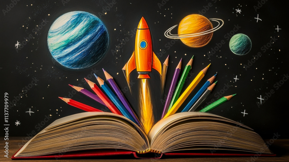 Naklejka premium Open book with colored pencils coming out, rocket taking off