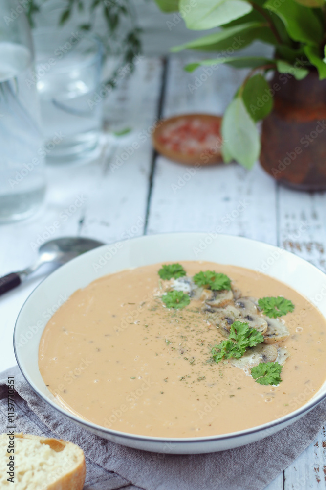A bowl with mushroom cream soup A bowl with mushroom cream soup