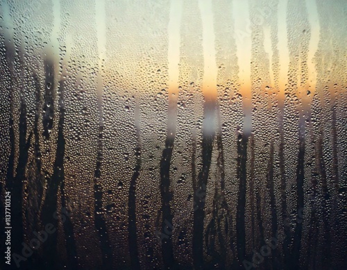 Condensation and raindrops decorate the window like a delicate veil, with the foggy surface distorting the outside world, blending shapes and colors into a soft, dreamlike, mysterious, indistinct haze photo