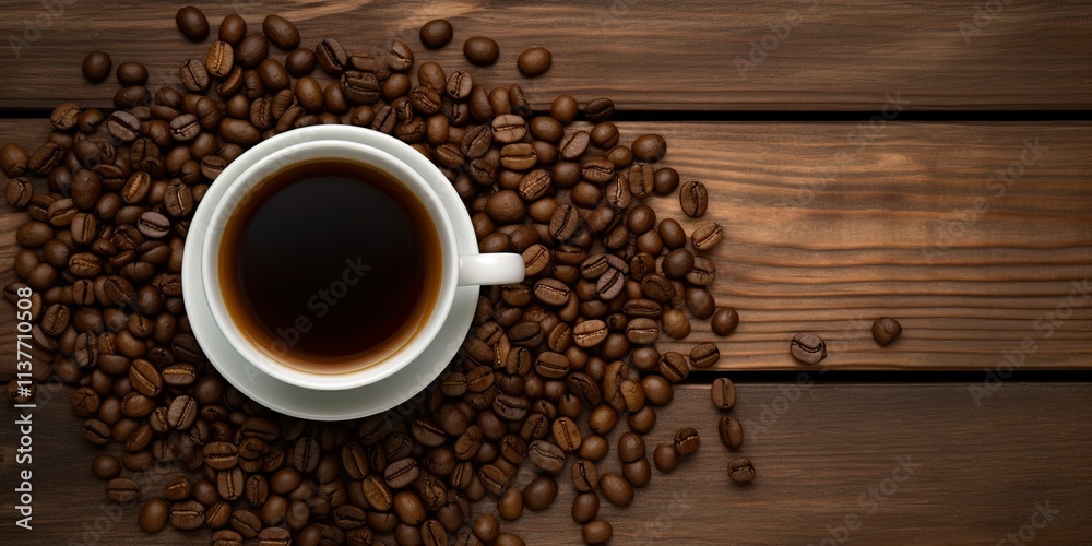 A white coffee cup with a dark brown liquid in it sits on a wooden table with a A white coffee cup with a dark brown liquid in it sits on a wooden table with a
