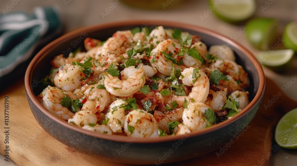 Garlic shrimp in bowl with lime. Garlic shrimp in bowl with lime.
