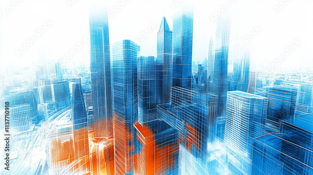 Skyscrapers concept of the city of the future. Contemporary abstract geometric art of buildings Skyscrapers concept of the city of the future. Contemporary abstract geometric art of buildings