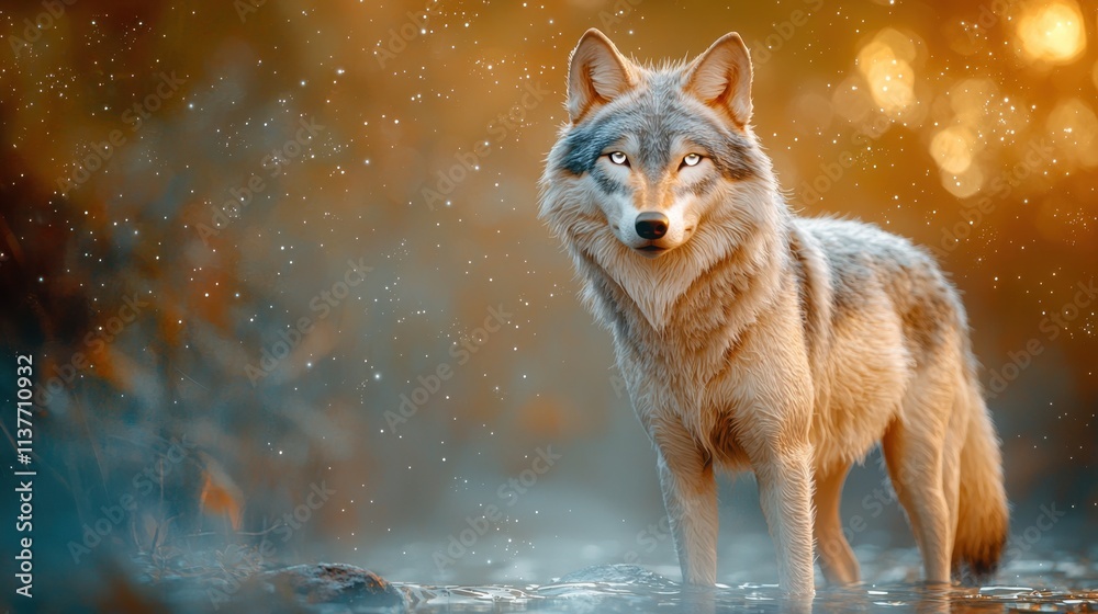 Obraz premium In the stillness of the enchanted night, a majestic wolf figure stands proudly under the shimmering moonlight, its silver fur glistening with a mystical aura.