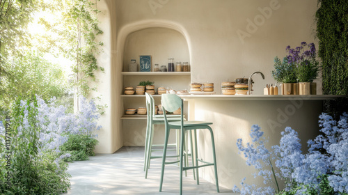 Bakery French style curved walls green high chair square table, potted plants photo