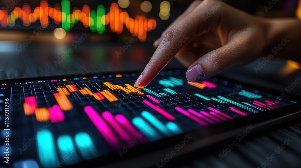Fototapeta premium Investor Points at Colorful Graphs on Tablet Screen