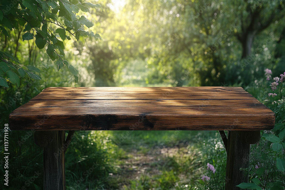 Wooden Table Stands Serenely in Lush Green Garden with Sunlight Gently Filtering Through Wooden Table Stands Serenely in Lush Green Garden with Sunlight Gently Filtering Through