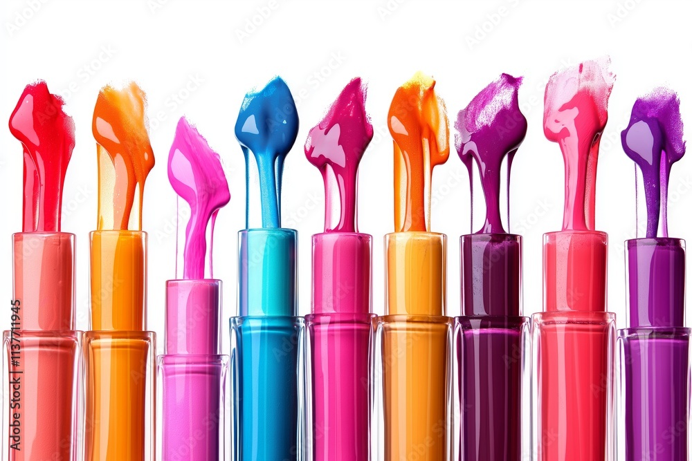 Vibrant collection of colorful liquid lipsticks with gloss drips, displayed against a white background. Vibrant collection of colorful liquid lipsticks with gloss drips, displayed against a white background.