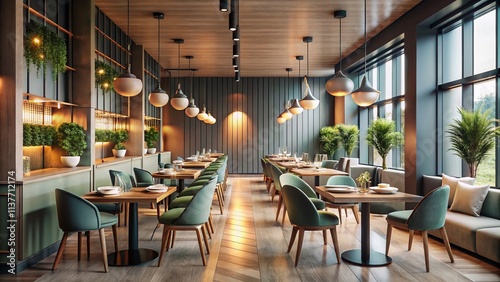 Minimalist Fancy Restaurant Background: Elegant Dining Interior Design Photography