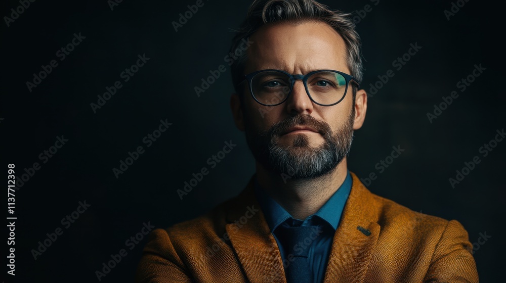 Fototapeta premium Confident Man with Glasses in Stylish Suit Posing Against Dark Background