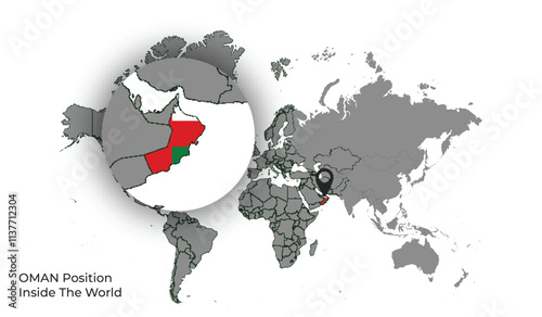 OMAN Position Inside the World with Flag in Map