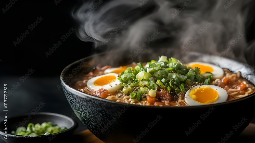 A photo of a steaming bowl of ramen served with toppings like soft-boiled eggs and green onions. A photo of a steaming bowl of ramen served with toppings like soft-boiled eggs and green onions.