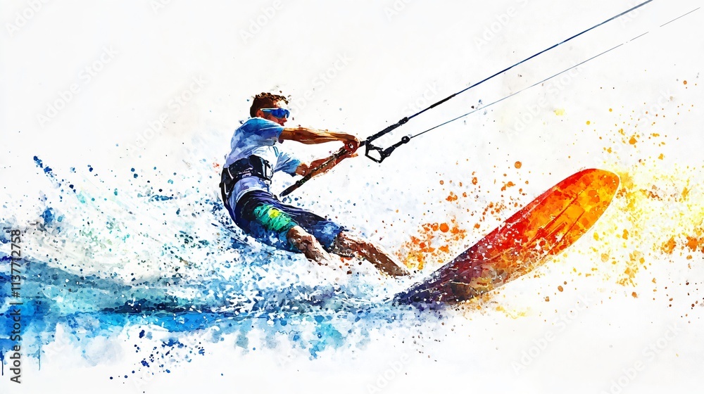 Naklejka premium Kitesurfing Watercolor Painting: A Stunning Depiction of an Extreme Sport