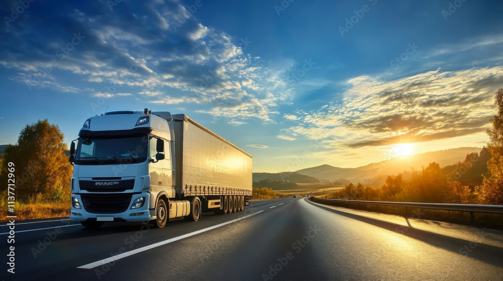 Truck transport on the road at sunset and cargo Truck transport on the road at sunset and cargo