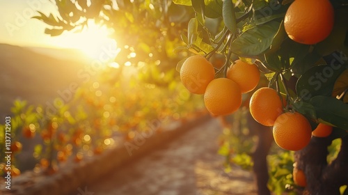 Fresh Oranges on Tree Branches with Sunlight in Orange Grove Landscape photo