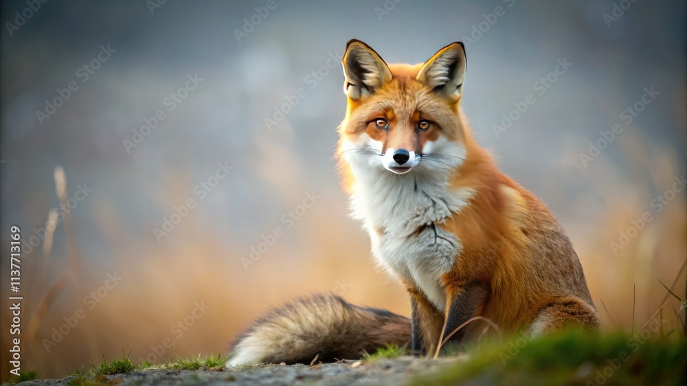 Fototapeta premium A captivating minimalist image: a red fox sits, serene in nature's embrace.