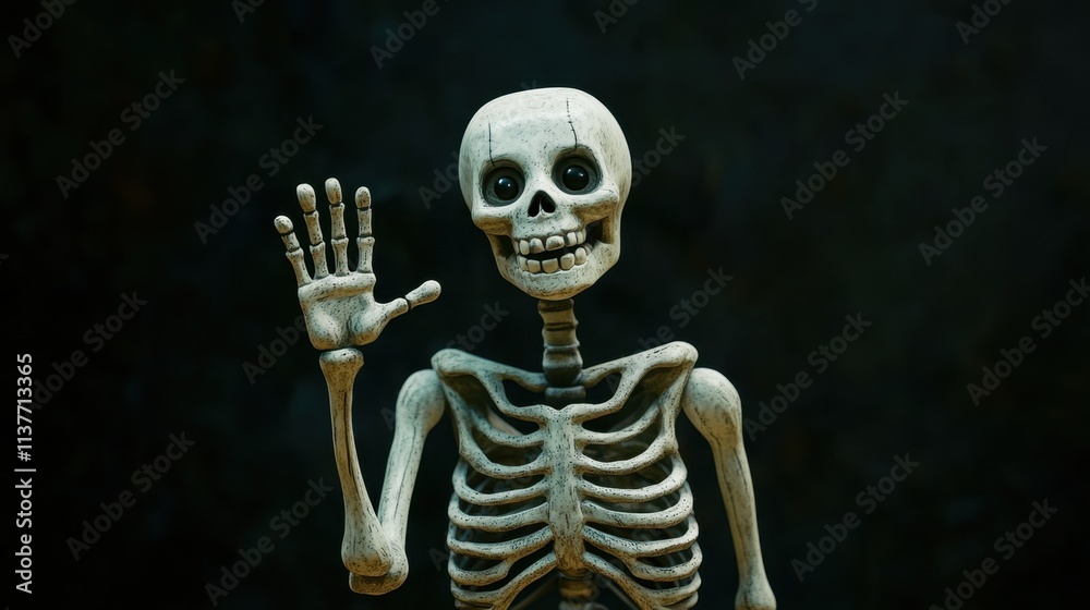 A cheerful cartoon skeleton waving at the viewer, set against a dark black background for a fun Halloween vibe A cheerful cartoon skeleton waving at the viewer, set against a dark black background for a fun Halloween vibe