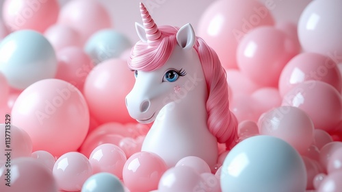 Adorable pastel pink unicorn figure surrounded by colorful glossy bubbles in a soft focus composition, ideal for whimsical children's decor or playful art projects. photo