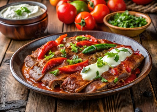 Architectural lens reveals the delicious layers of Iskender kebab, a Turkish delight, celebrating its unique structure and flavors.