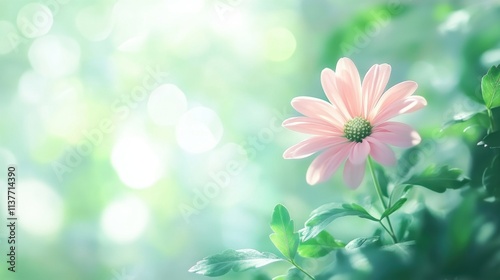 A delicate pink chrysanthemum flower in full bloom, surrounded by green leaves, captured with soft focus and bokeh