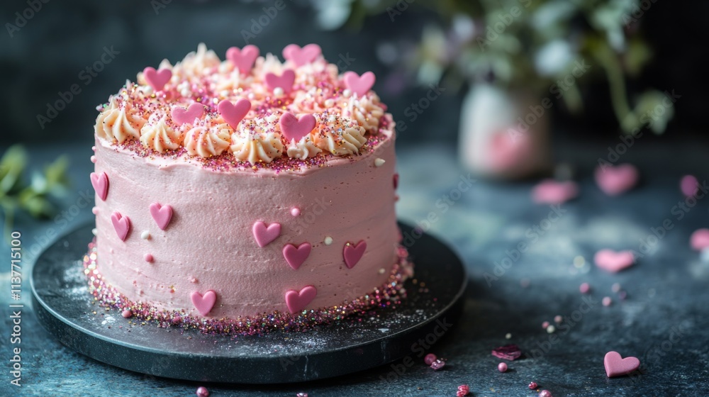Pink Cake Decorated With Hearts And Sprinkles Pink Cake Decorated With Hearts And Sprinkles