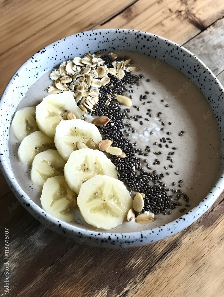 A photo of a vibrant smoothie bowl topped with granola, fresh fruit, and chia seeds. -