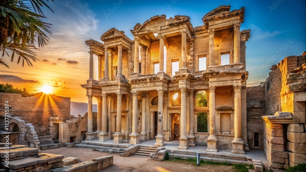 Obraz premium Minimalist Library of Celsus Ephesus Turkey Photography: Ancient Ruins, Architectural Detail, Stone Facade, Historical Landmark
