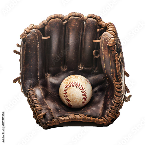Close-up of a baseball glove and ball isolated on white or transparent background

