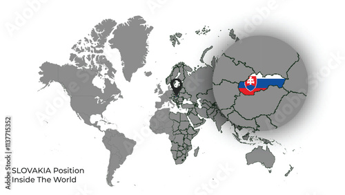 SLOVAKIA Position Inside the World with Flag in Map