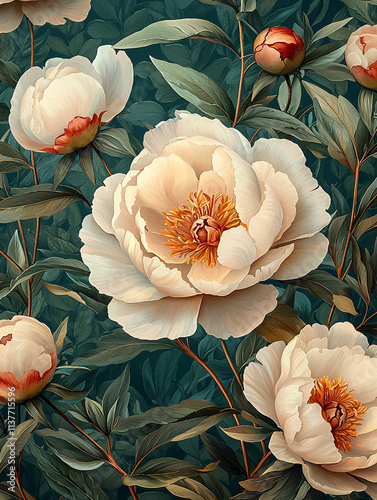 Elegant Cream Peonies Teal Leaf Floral Art Print