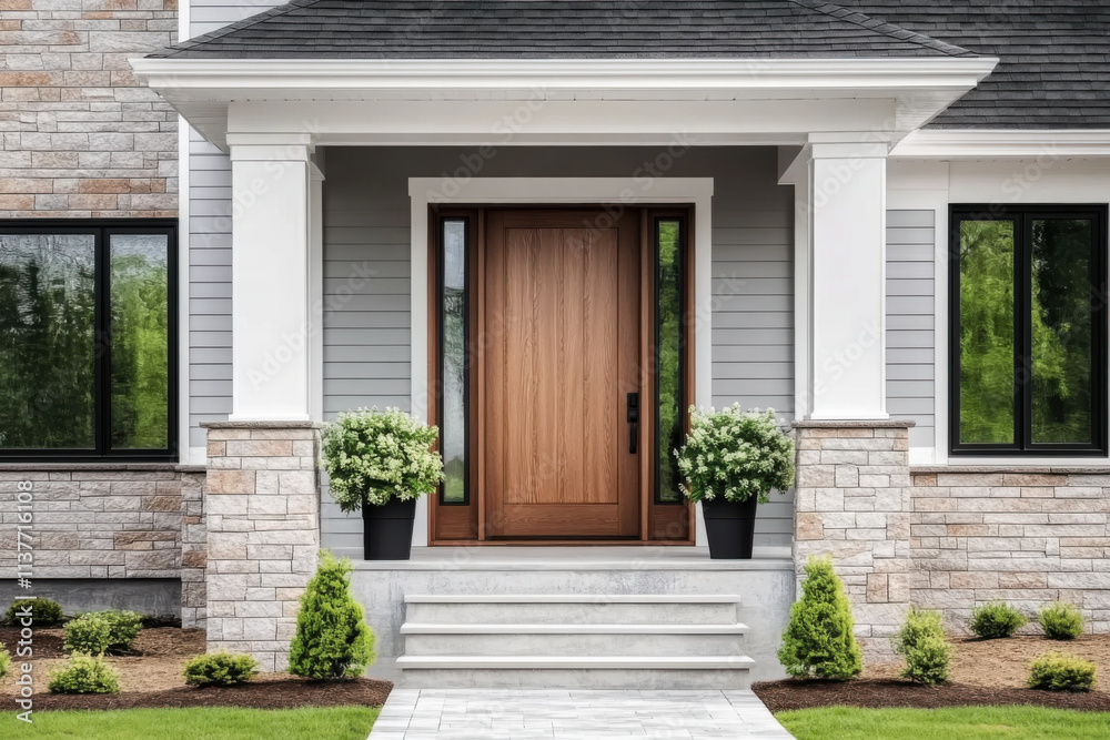 A wooden front door, surrounded by windows, with white, blue, and stone siding