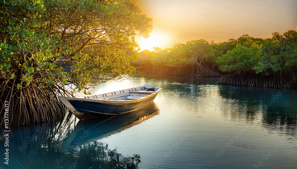 Naklejka premium old wooden boat and beautiful lake view