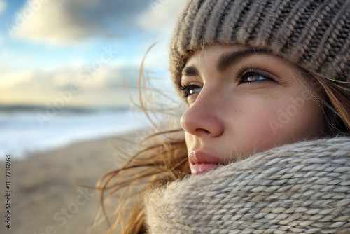 A woman standing on a windy beach during autumn, wearing a slouchy knitted hat. photo