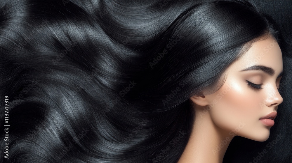 Elegant Woman with Luxurious Black Hair Flowing on Soft Surface Elegant Woman with Luxurious Black Hair Flowing on Soft Surface