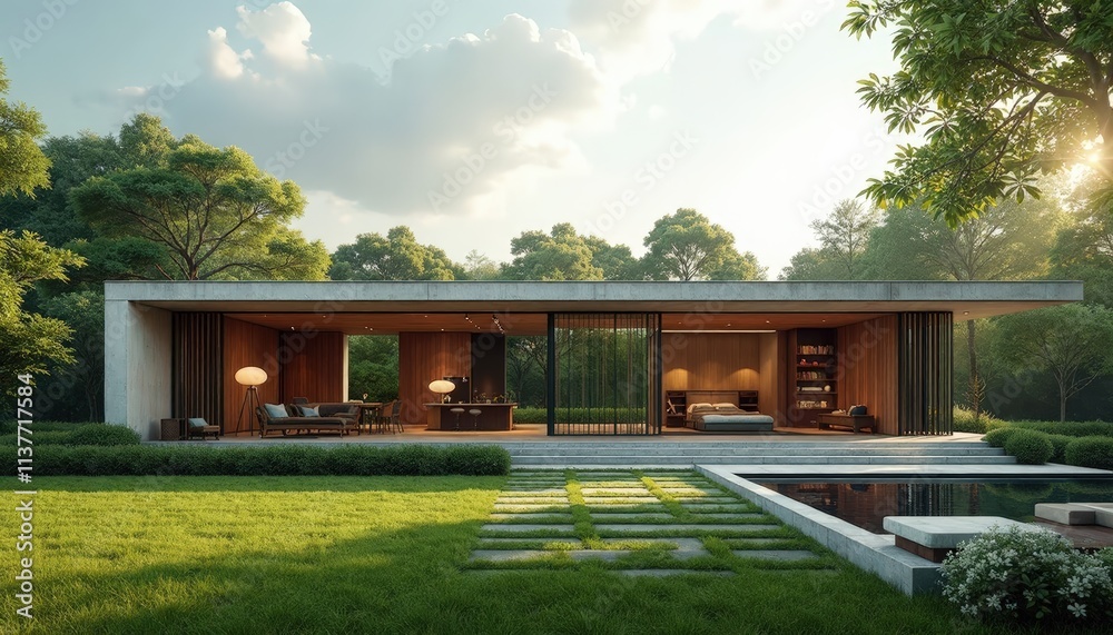 Modern house with open design and large windows, surrounded by greenery, serene atmosphere, contemporary architecture Modern house with open design and large windows, surrounded by greenery, serene atmosphere, contemporary architecture