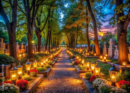 Tranquil Cemetery Park Alley Adorned with Glowing Candle Lanterns, Creating a Serene and Peaceful Atmosphere Perfect for Reflection and Remembrance in Nature