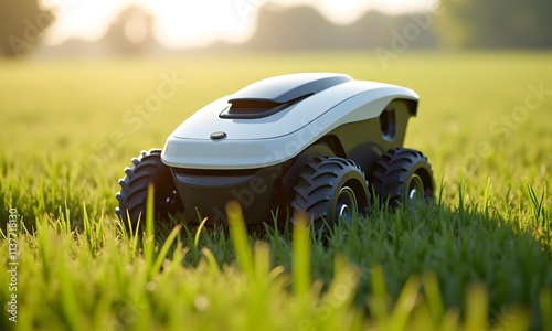 Garden design innovations shine with this sleek robotic mower, blending technology and nature. The vibrant green grass enhances a serene outdoor environment.