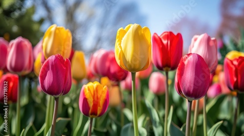 Colorful tulips bloom in sunlight.
