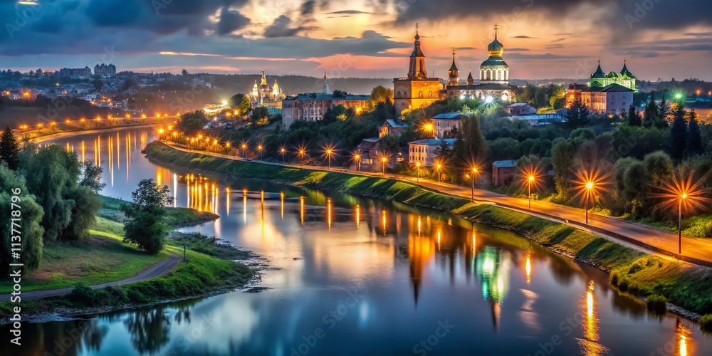 Obraz premium Troitsk Cityscape Summer Night: Low Light Photography, New Moscow Green Region, Urban Nightscape, City Lights