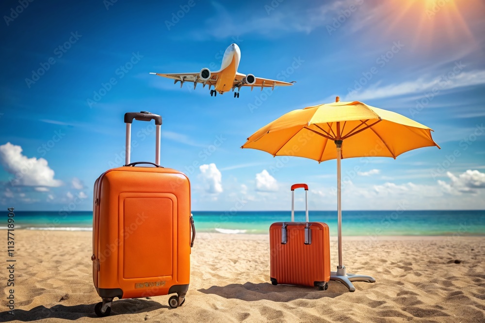 Minimalist Scene of a Cheerful Orange Suitcase at the Beach Surrounded by Colorful Umbrellas and an Airplane in the Sky for a Vibrant Summer Vibe Minimalist Scene of a Cheerful Orange Suitcase at the Beach Surrounded by Colorful Umbrellas and an Airplane in the Sky for a Vibrant Summer Vibe